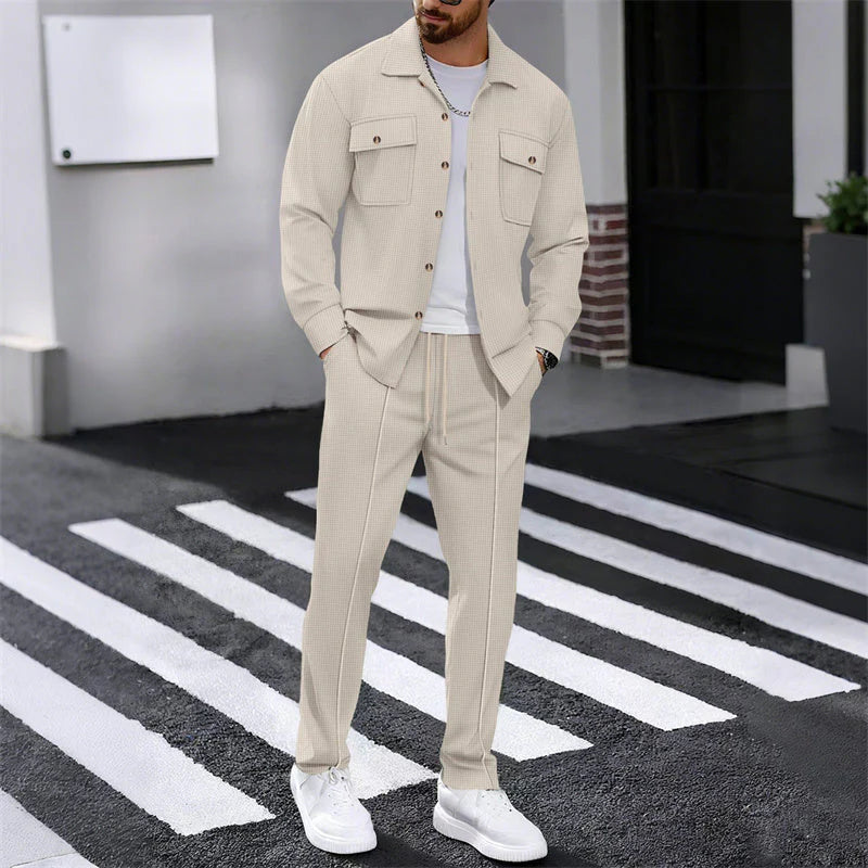 Men's Waffle Button-Down Jacket & Pants Set