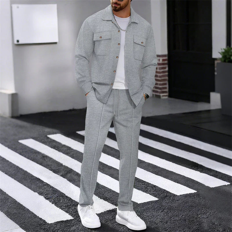 Men's Waffle Button-Down Jacket & Pants Set