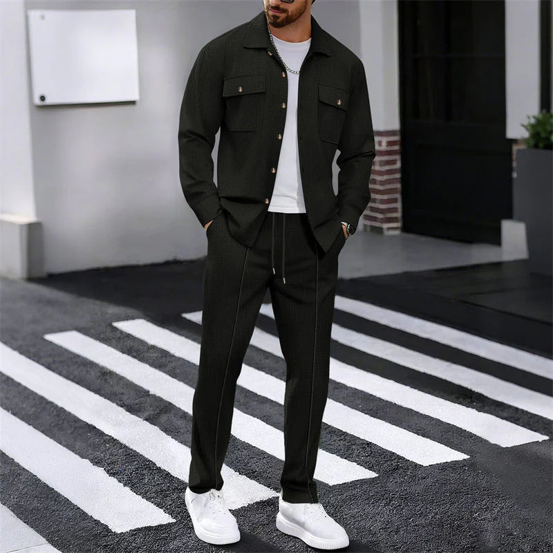 Men's Waffle Button-Down Jacket & Pants Set