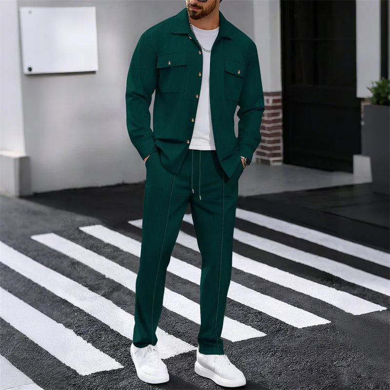 Men's Waffle Button-Down Jacket & Pants Set