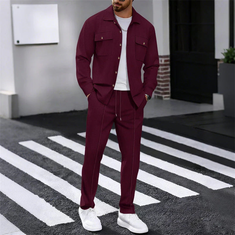 Men's Waffle Button-Down Jacket & Pants Set