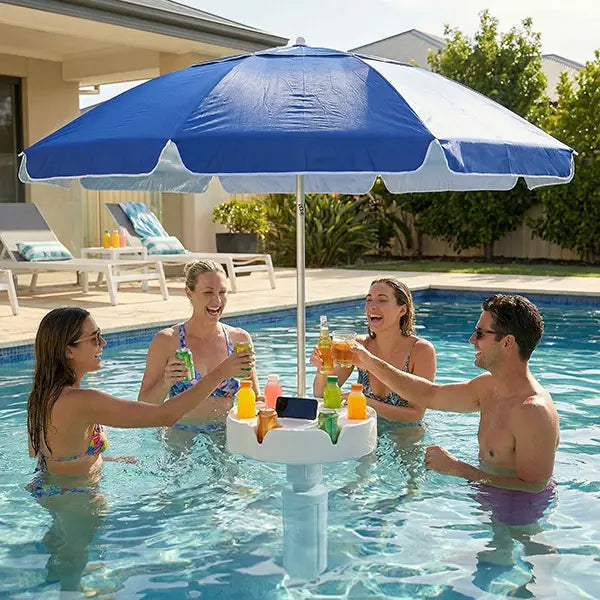 Portable Pool Umbrella with Floating Bar Base and Drink Holder