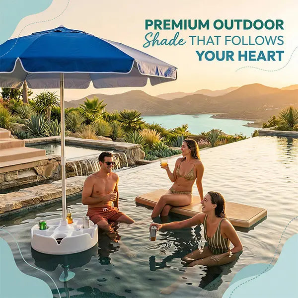 Portable Pool Umbrella with Floating Bar Base and Drink Holder